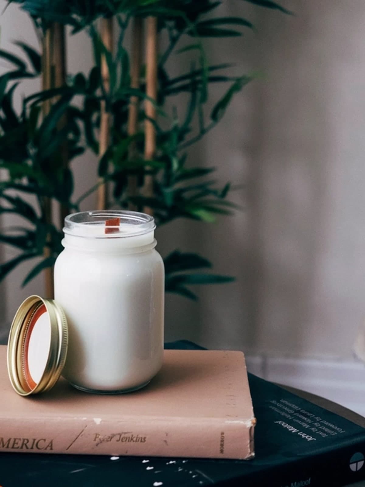 Exemplo de foto ambientada: vela aromática em pote de vidro sobre uma mesa clara, com planta ao fundo